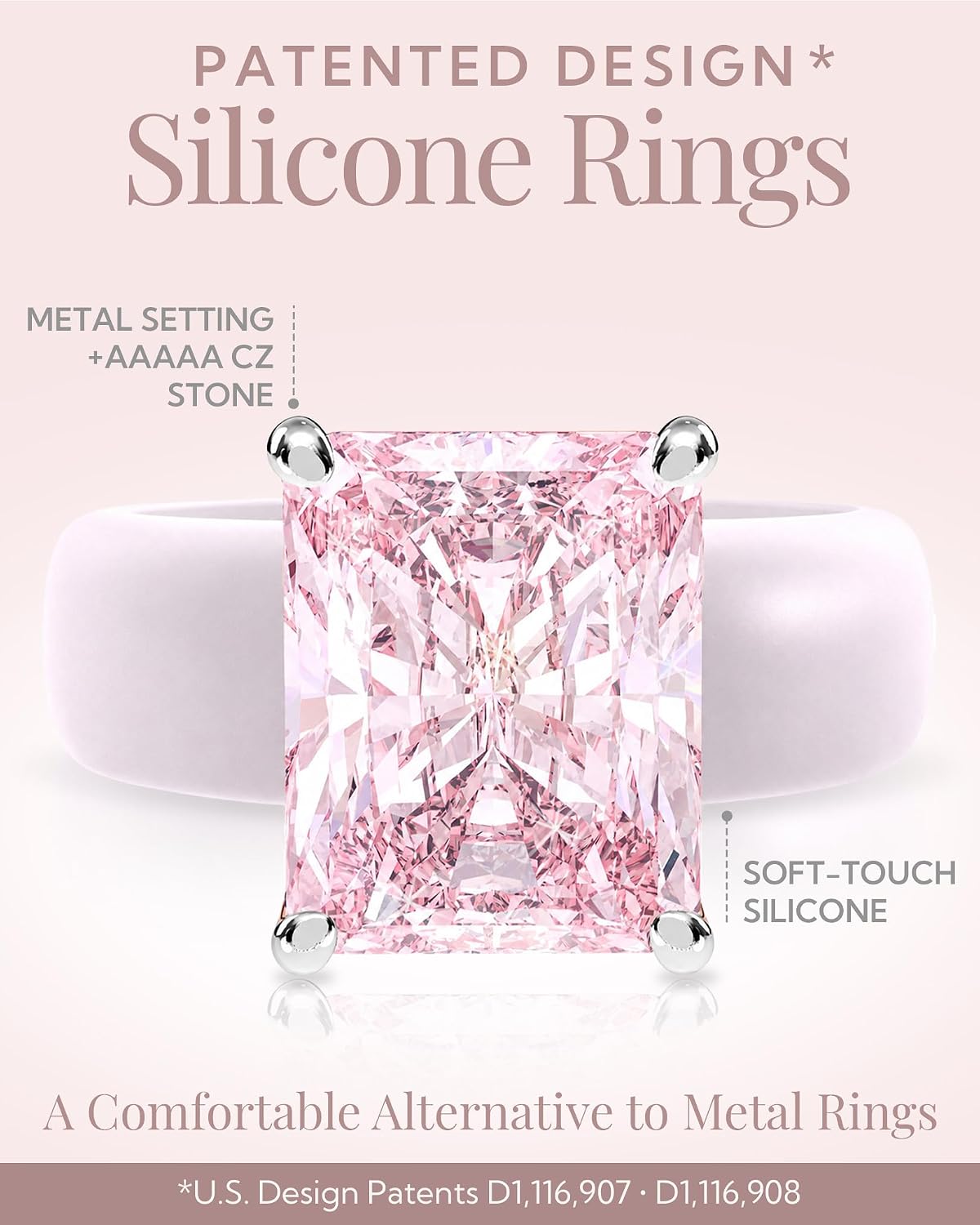Rinfit Silicone Ring with Pink Stone, Emerald Cut CZ