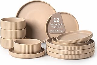 FOBENTA Dinnerware Sets for 4,Microwave Safe Plates and Bowls Sets,12 Piece Dylan Dish Set,Reactive Glaze Stoneware Dinnerware Set (Matte Reactive Khaki Beige, Service for 4 (12pcs))