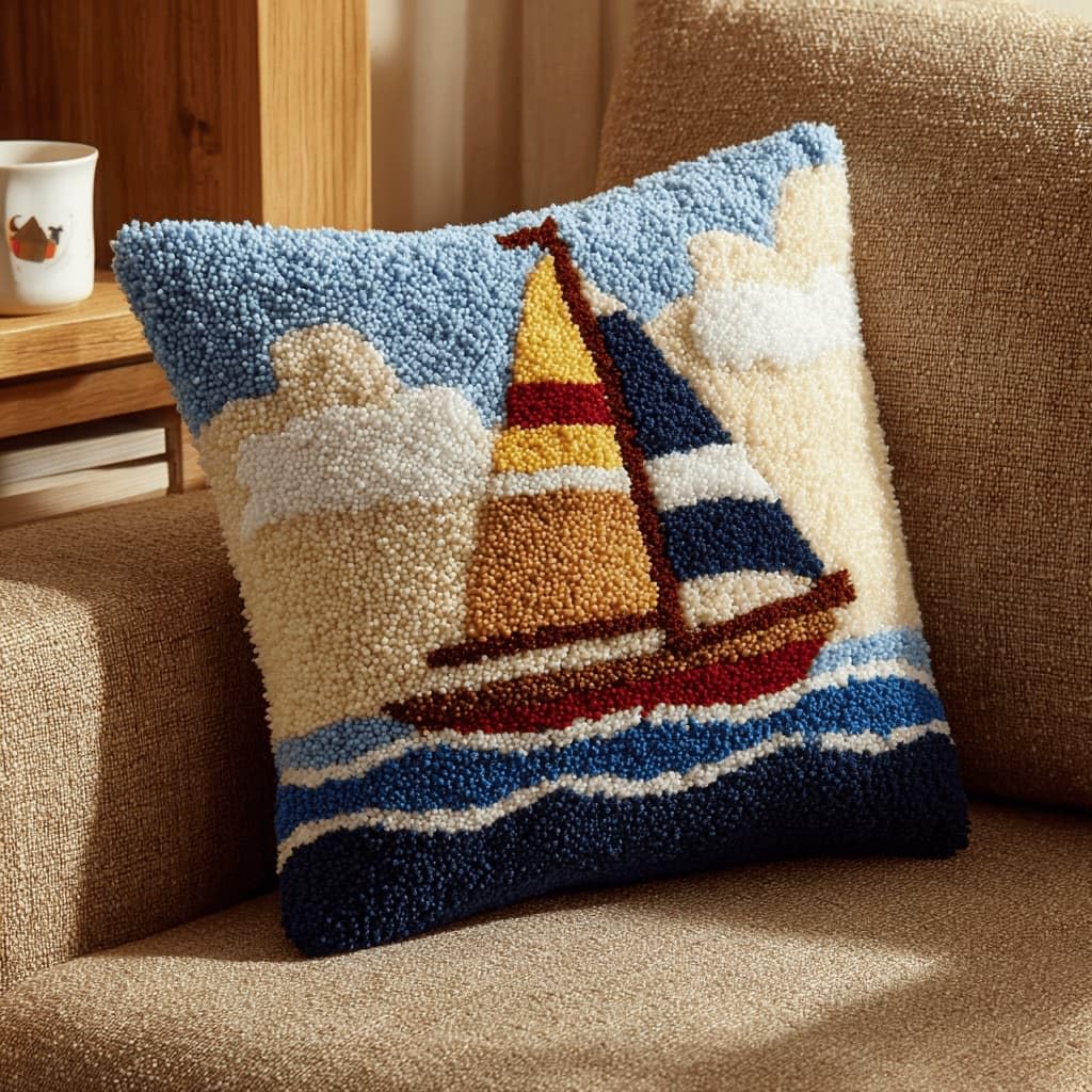 Latch Hook Pillow Kit For Adults,Sailboat 17X17In Latch Hook Kit For Pillow Cover With Instruction For Beginner Cross Stitch Sofa Cushion Cover With Crochet Yarn For Beginners And Home Decor