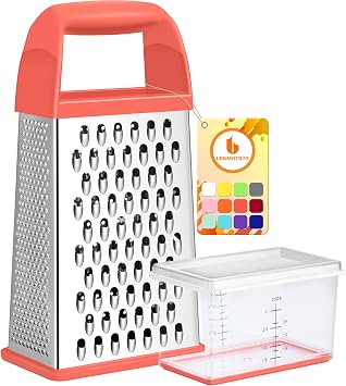 Urbanstrive Cheese Grater With Container, Professional Cheese Grater with Handle, Stainless Steel Graters for Kitchen Handheld, Box Grater with 4 Sides for Vegetables, Ginger, Potatoes Coral