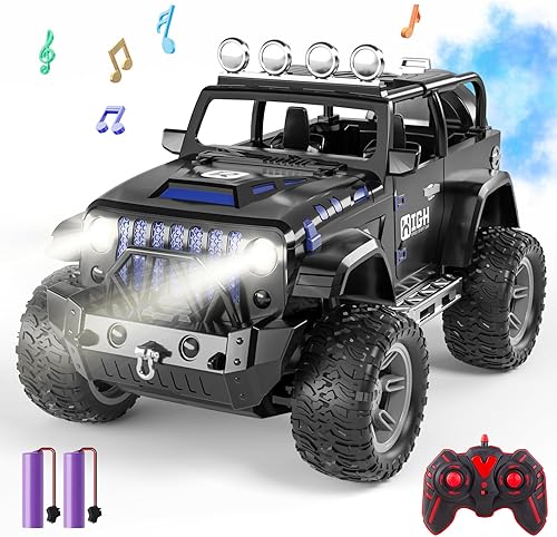 Auto de control remoto 116 con aerosol, luces y sonido, camión de control remoto de 2.4 GHz para niños y niñas, Jeep de automóvil RC todo terreno,