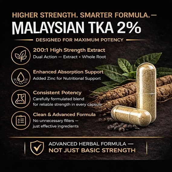 High Strength Malaysian TKA 2% | 200:1 Extract with Root Powder, Zinc & Black Pepper | 20,000mg Equivalent | Vegan | 90 Capsules | UK Made | Tong Ali