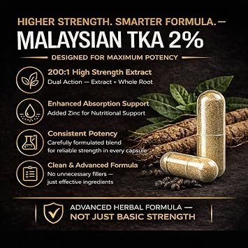High Strength Malaysian TKA 2% | 200:1 Extract with Root Powder, Zinc & Black Pepper | 20,000mg Equivalent | Vegan | 90 Capsules | UK Made | Tong Ali