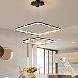 Siittoo Modern Black Chandelier Dining Room Light Fixture, 96W Dimmable LED Modern Pendant Light, 2-Ring Rectangular Chandelier Hanging Light Fixture for Kitchen Island Living Room Hall, Φ=24''+16''