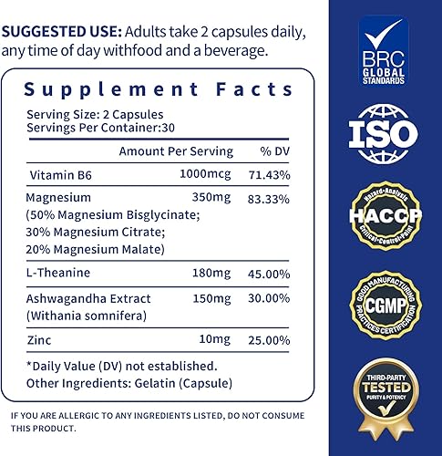 Miniatura 3 de Suplemento Complejo de Magnesio 350 mg - 60 Cápsulas - con glicinato L-teanina Ashwagandha y zinc, vegano - 30 porciones