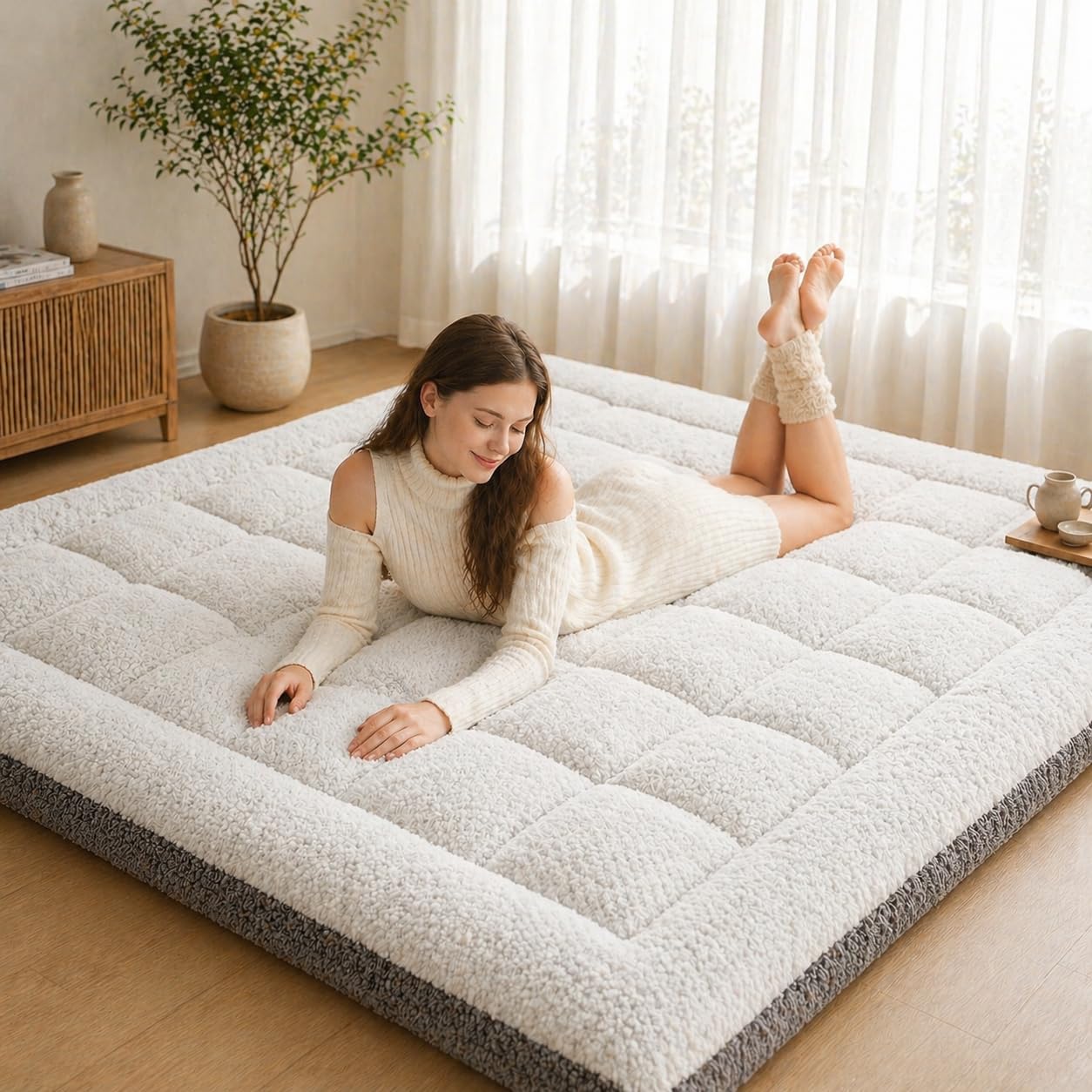 Cymula King Size Futon Mattress Topper Sherpa Mattress Pad Extra Thick Mattress Pillow Top with 8-21" Deep Pockets Mattress Cover for King Size Bed, White