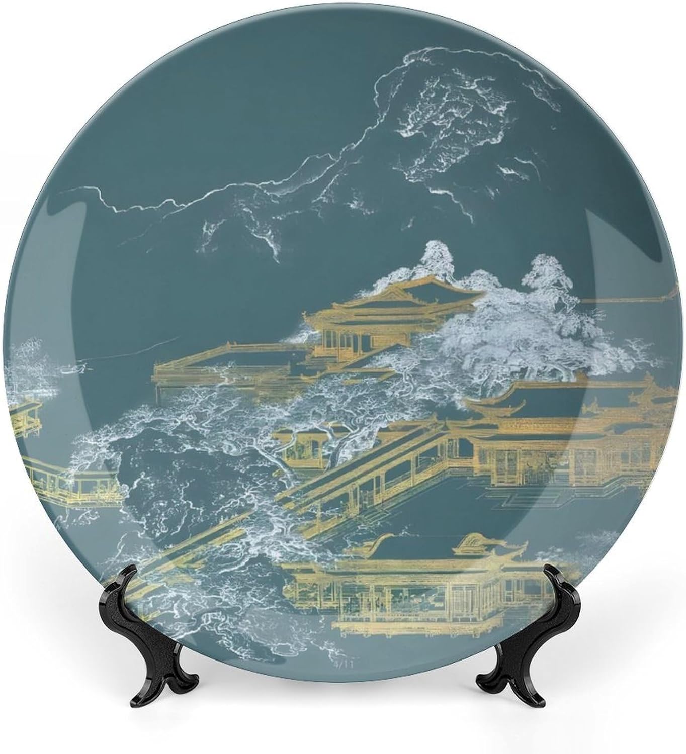 Blue And White Ceramic Plate with Pavilion And Cloud Patterns for Wall Hanging. Bone China Decorative Plate, 8inch Wall Art Home Decor