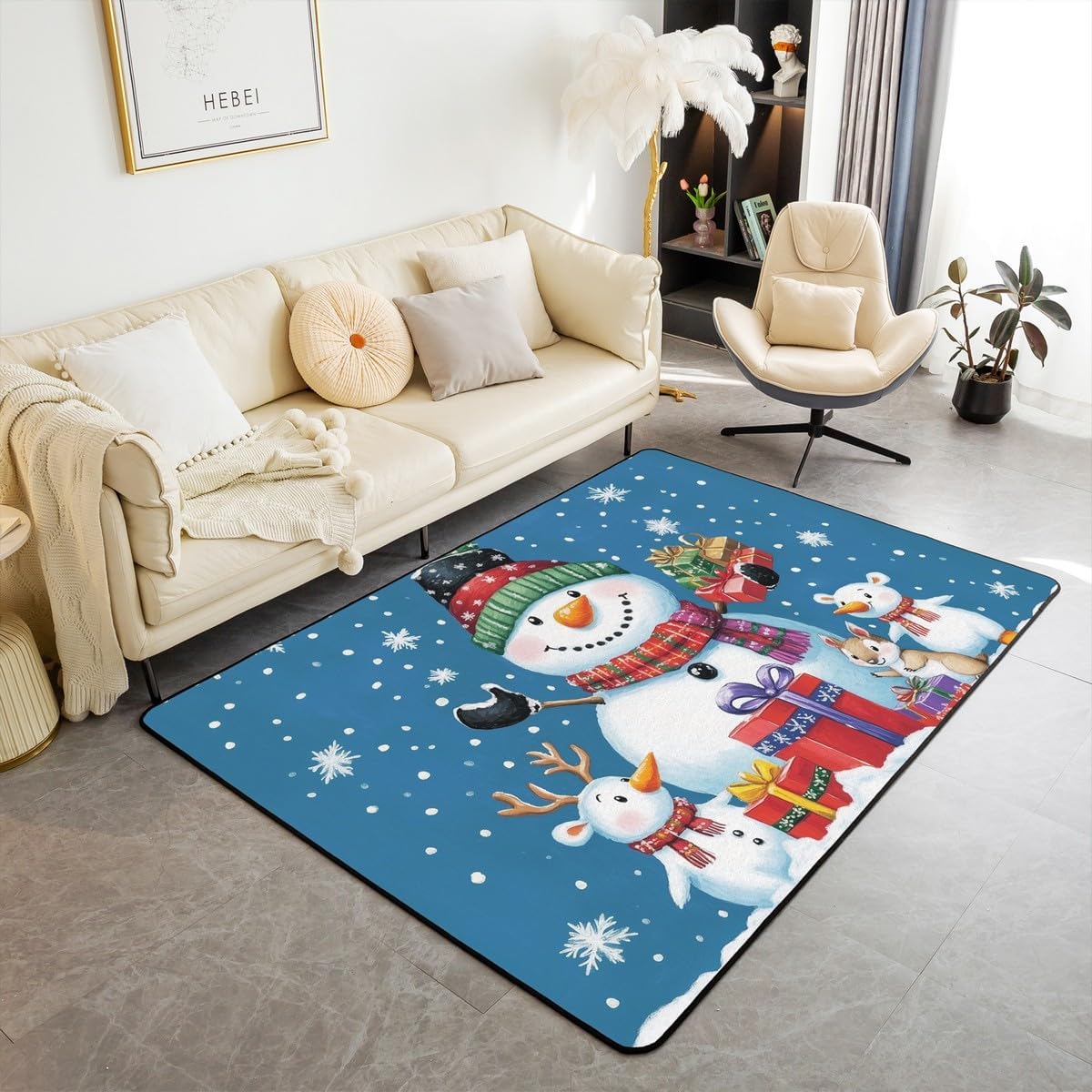 Cartoon Snowman Area Rug 3x5 Merry Christmas Rug for Girls Boys Kids Adult Xmas Winter Snowflake Carpet for Living Room Happy New Year Non Slip Washable Decorative Rug