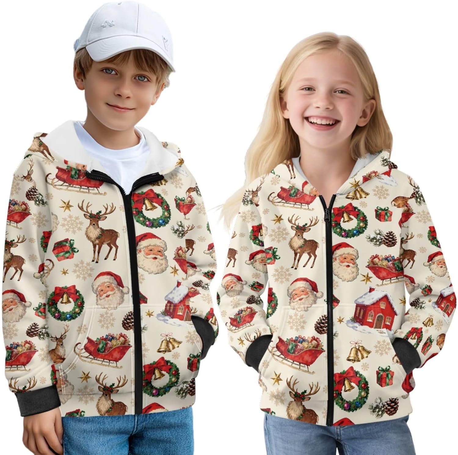 WELLFLYHOM Christmas Zip Up Kids Sweatshirts Girls Boys 6-16 Fleece Lining Long Sleeve Hoodies Sweater with Pocket