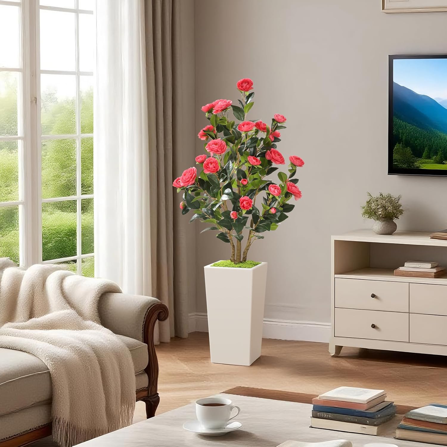 Romantic Season 4FT Artificial Camellia Tree with White Tall Planter, Pink Faux Camellia Plant Flower Tree for Modern Home Office Living Room Floor Décor Outdoor Indoor，Pink