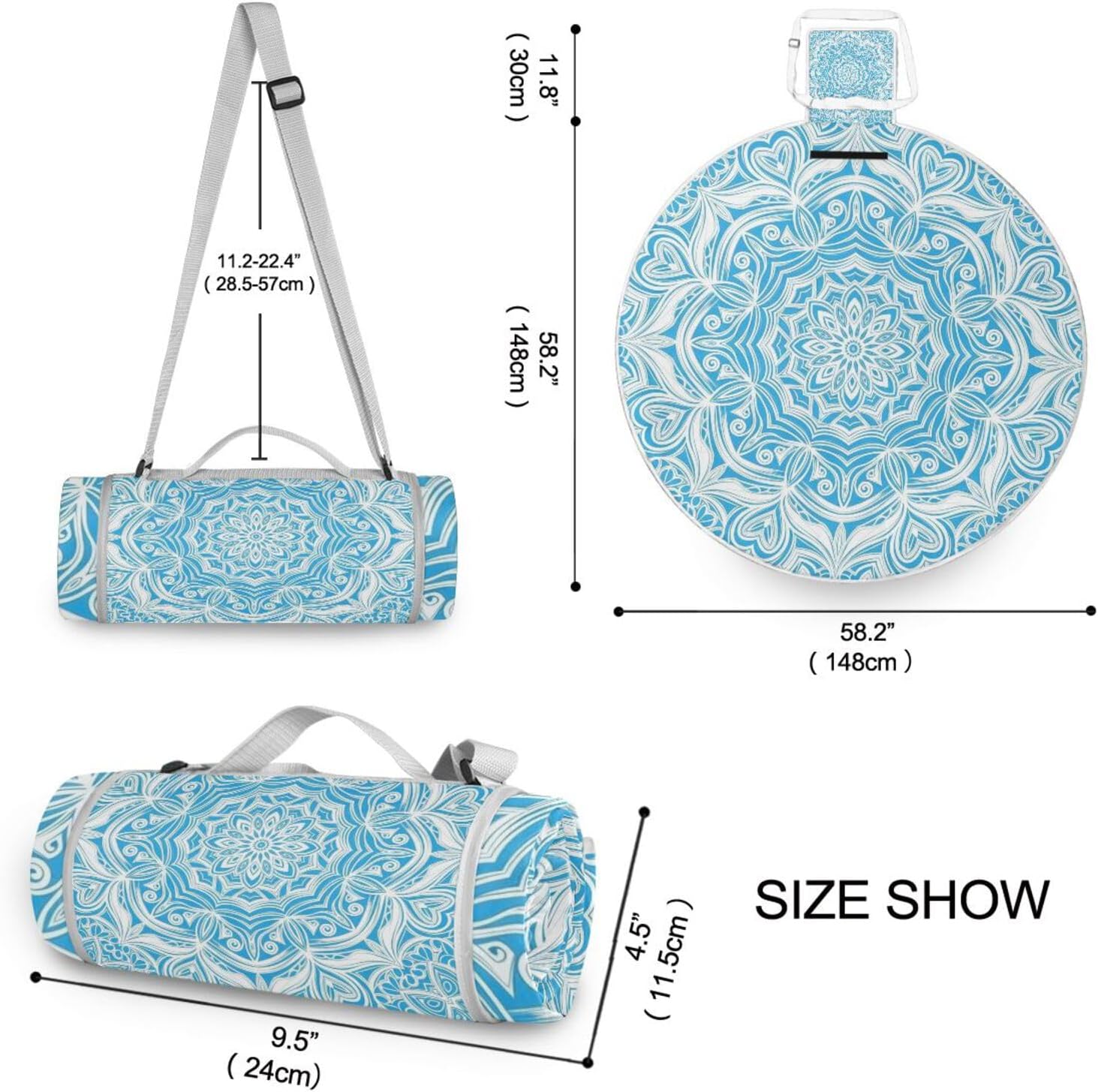 Round Camping Blanket - Fits 2 Adults, Summer Accessories Sand Resistant Foldable Picnic Blanket for Spring Summer Camping 58 in (Boho Bright Blue White Mandala)