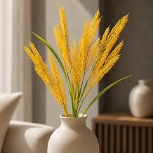 Yellow Artificial Wheat Grass Bunch Pack of 1, 43 cm Faux Grain Stems with Green Leaves for Vase, Table, Home, Office & Balcony Décor