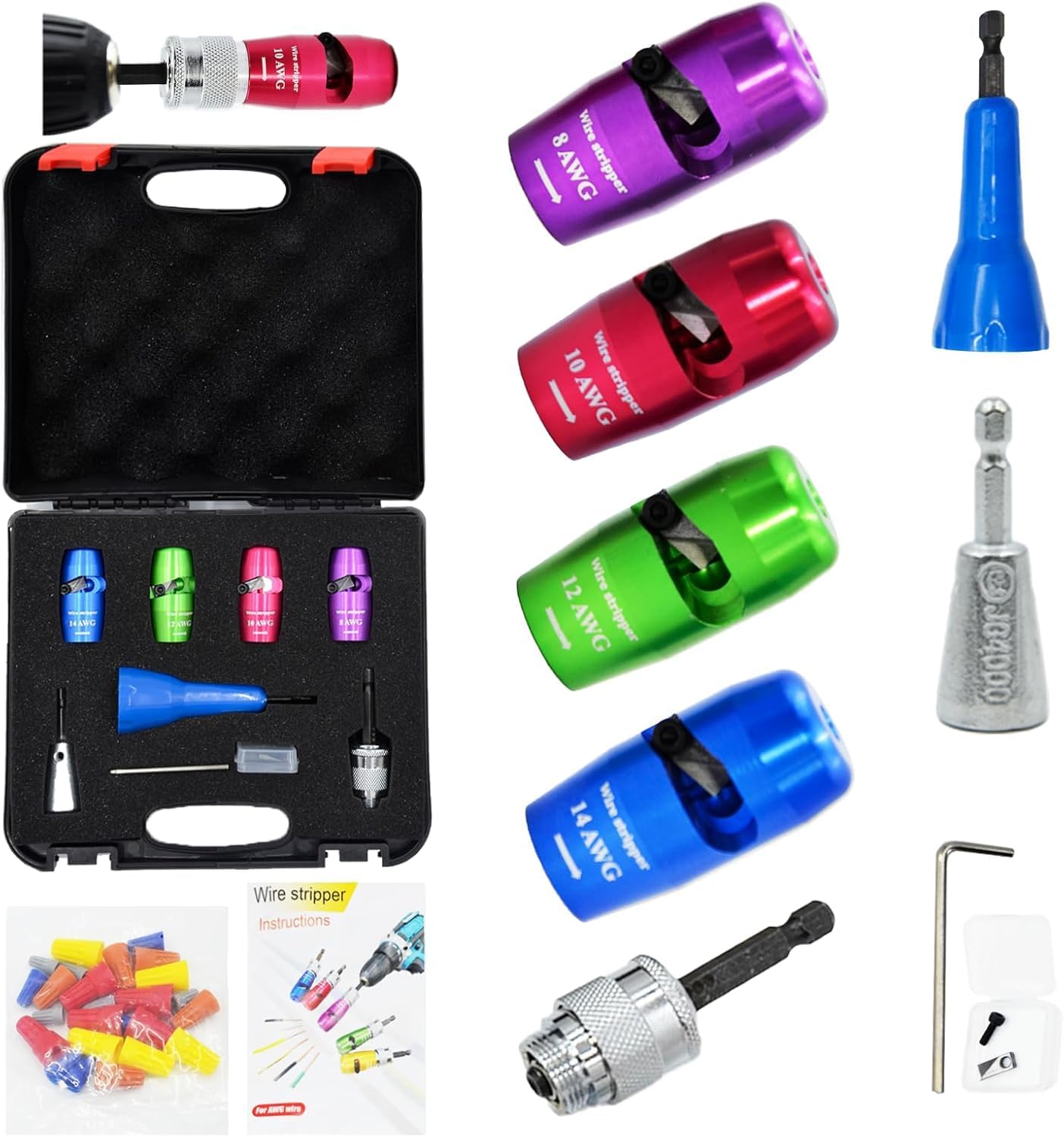 Wire Stripper for Drill (14-12-10-8 AWG) - Electric Universal Wire Stripper Tool for Drill, Includes 4 Pcs Wire Strippers