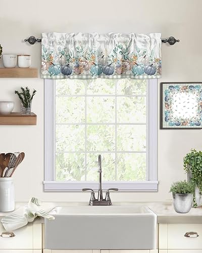 Miniatura 10 de Cortinas de cocina de Acción de Gracias, cenefas para ventanas, acuarela, calabazas de otoño, hojas de eucalipto, bolsillo para barra, tratamiento