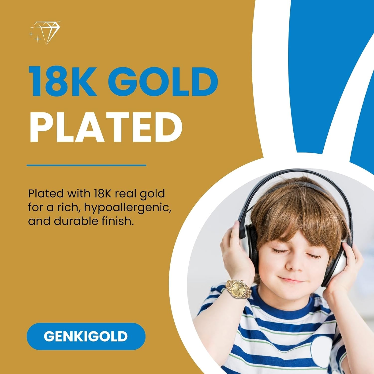 ゴールドダイヤモンドウォッチ ティーンボーイズ用 - 43mm ローマ数字ラウンドダイヤル - 18K リアルゴールド/プラチナ/ロ