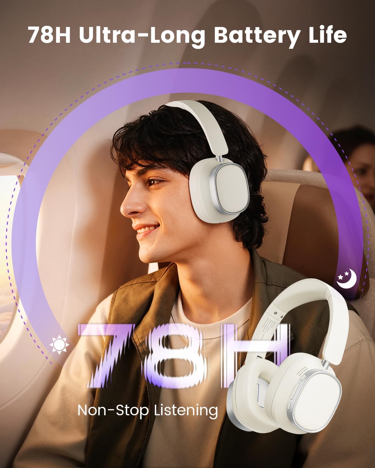 Active Noise Cancelling Headphones,78H Playtime & Bluetooth 6.0 Over Ear Wireless Headphones,Hi-Res,Low Latency,Foldable Bluetooth Headphones for Travel Workout Office Cellphone PC-Vanilla White