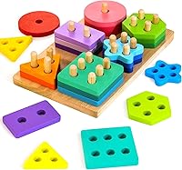 HELLOWOOD Montessori Wooden Shape Sorter Stacking Toy for 1-3 Year Toddlers - 24 Large Geometric Blocks + 12 Word Cards, Safe Educational Puzzle