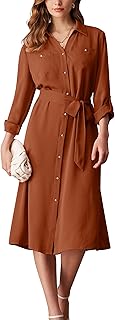 Women's Long Sleeve Button Down Shirt Dress Casual Loose Tie Waist Adjustable Sleeve Length Midi Dresses - Buy now