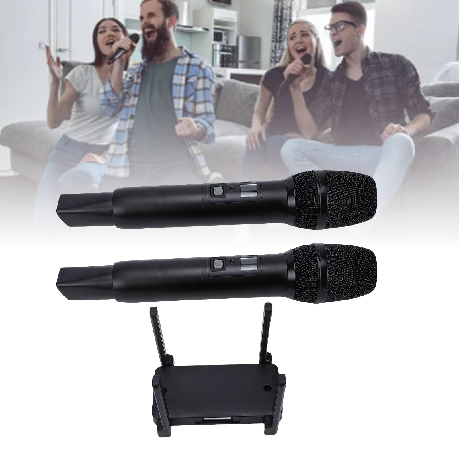 Bezprzewodowy System Mikrofonowy, Podwójny Mikrofon do Karaoke UHF True Diversity z Odbiornikiem z możliwością ładowania, do śpiewania Mowy Karaoke na Wesele DJ