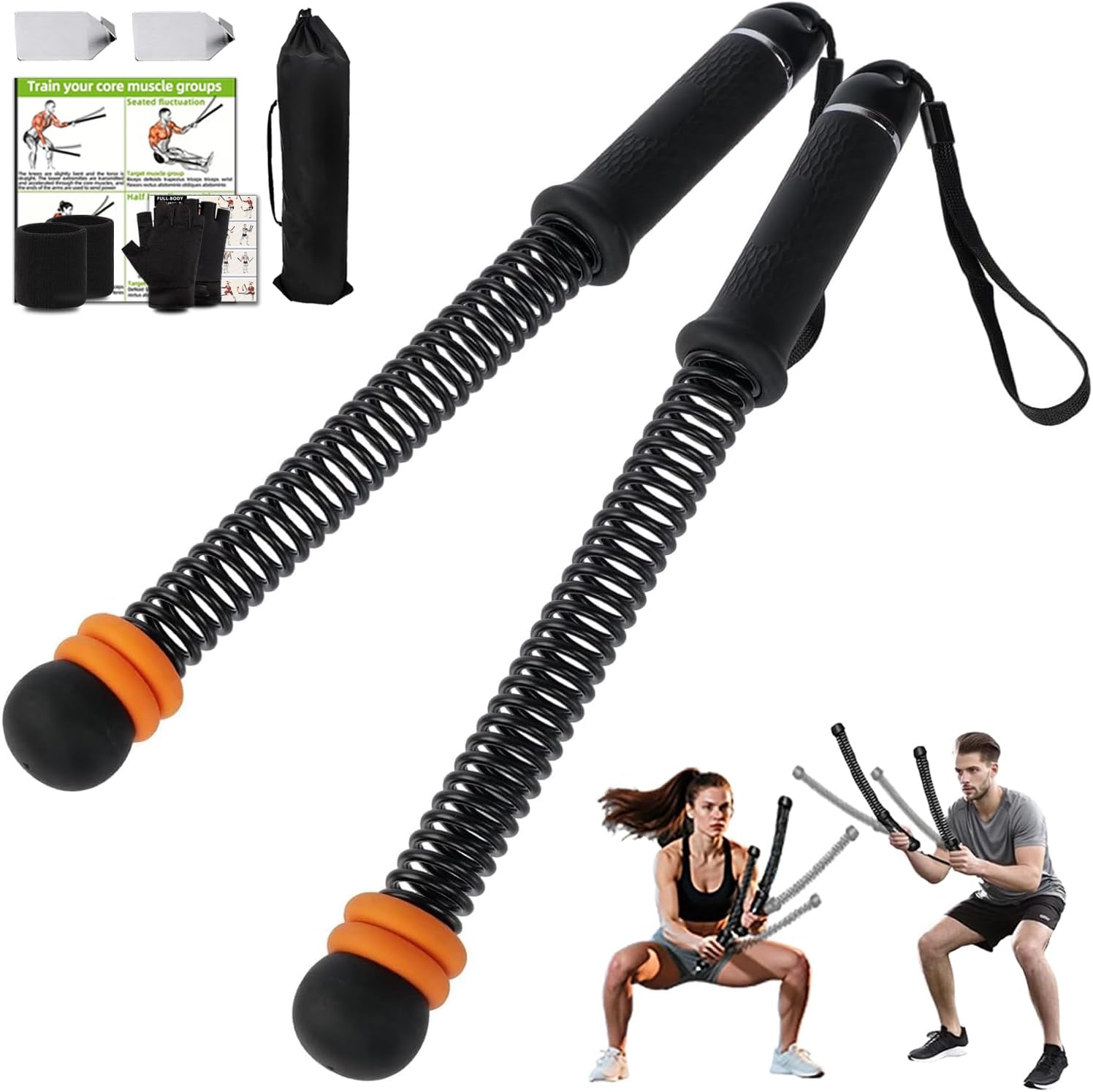 Ropeless Battle Ropes, Portable Cordless Battle Ropes with Sliding Weight Rings for Customizable Intensity, Home Training Kit with Storage Bag, Spring Stick for HIIT Strength & Muscle Training