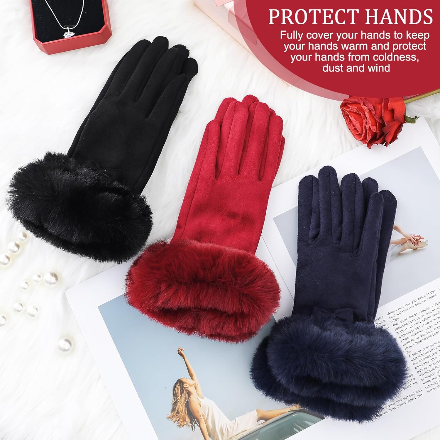 Shihanee 3 Pairs Women Winter Gloves with Fur Cuff Touchscreen Suede Red Black Blue Gloves Fleece Lined Bow Tied Cold Weather Warm Thermal for Texting Gifts Driving Running - Image 4