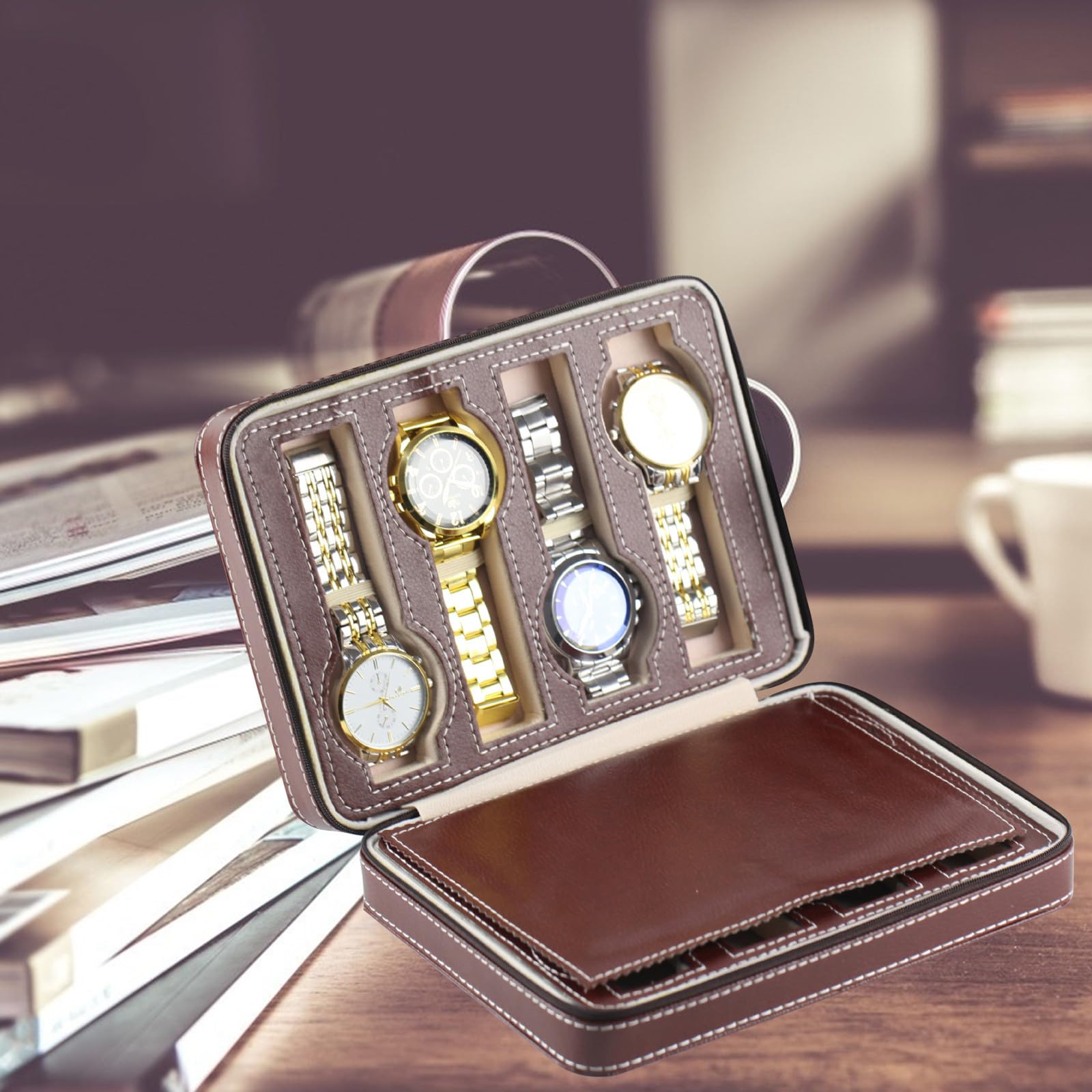 Bolsa de Almacenamiento para Relojes 8 Ranuras de Cuero y Tela, Diseño Delicado y Portátil, Adecuado Hogar Tienda