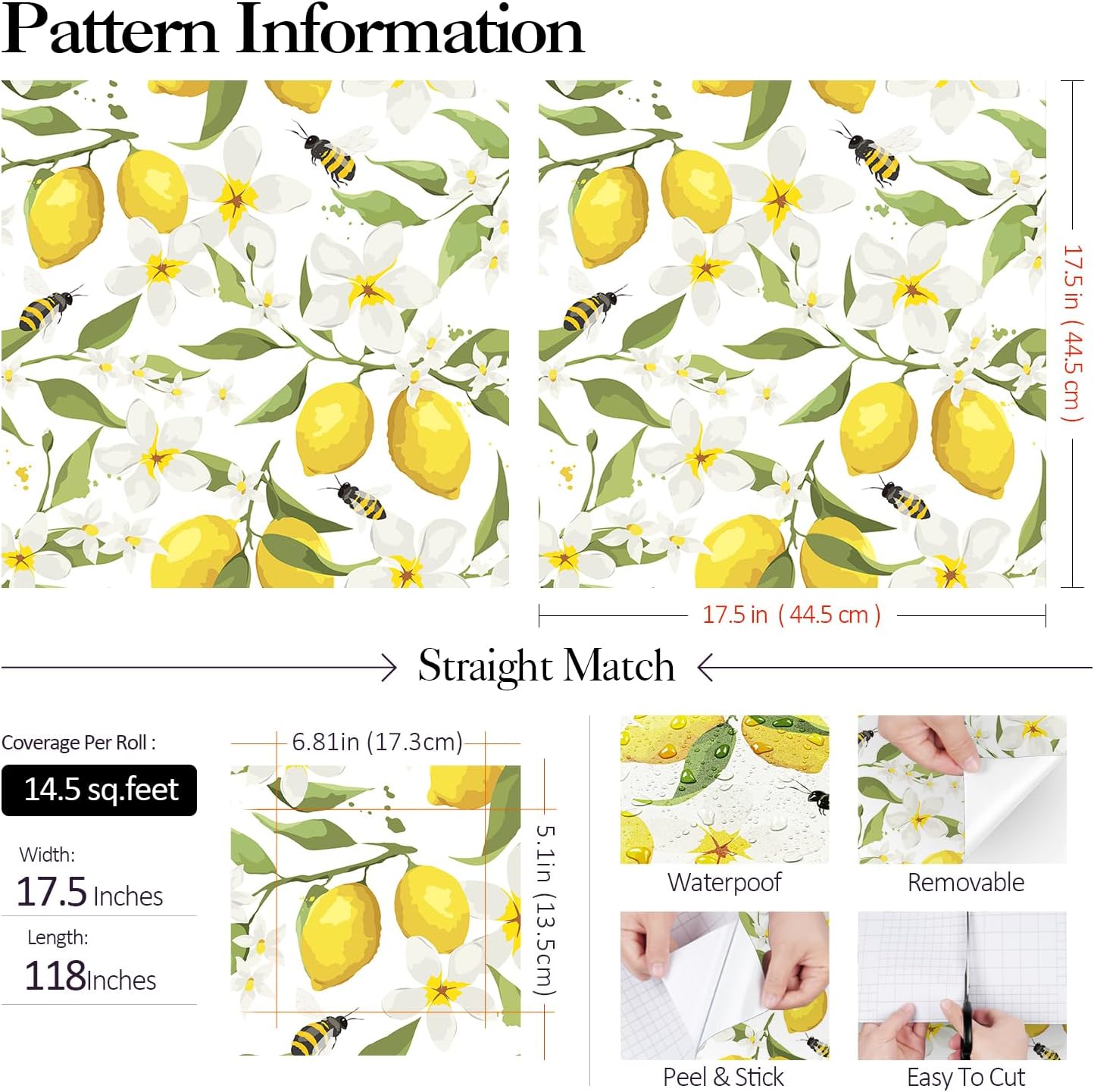 FunStick Yellow Watercolor Lemon Wallpaper White Floral Contact Paper Peel and Stick Bee Green Leaf Wall Paper Prepasted Removable Wallpaper for Bedroom Kids Walls Ktichen Cabinets Waterproof 17.5x118