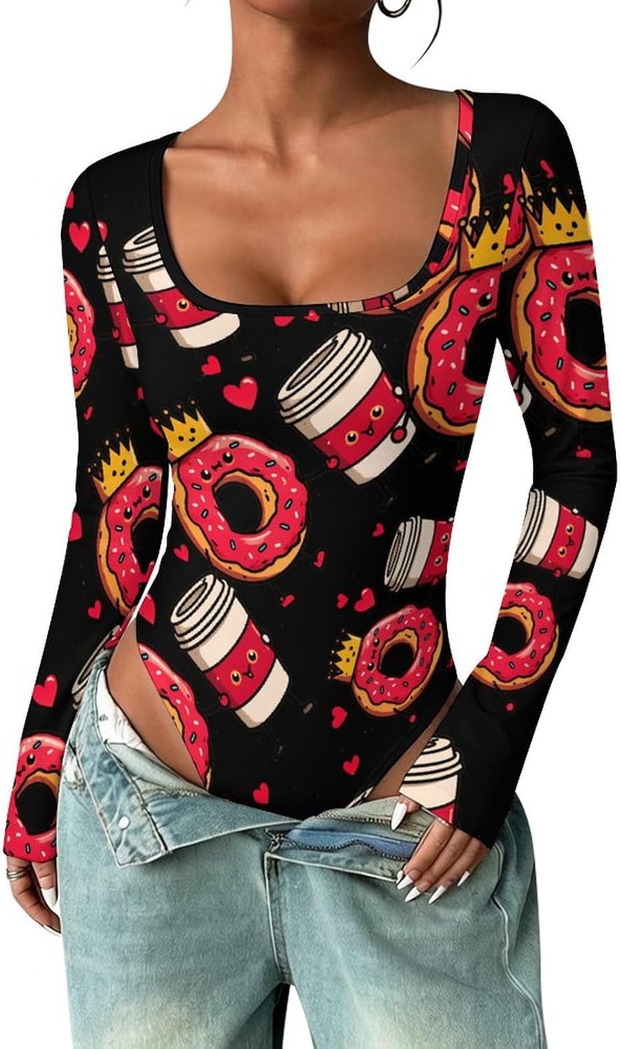Coffee Donuts Women's Bodysuits Long Sleeve Top 5XL
