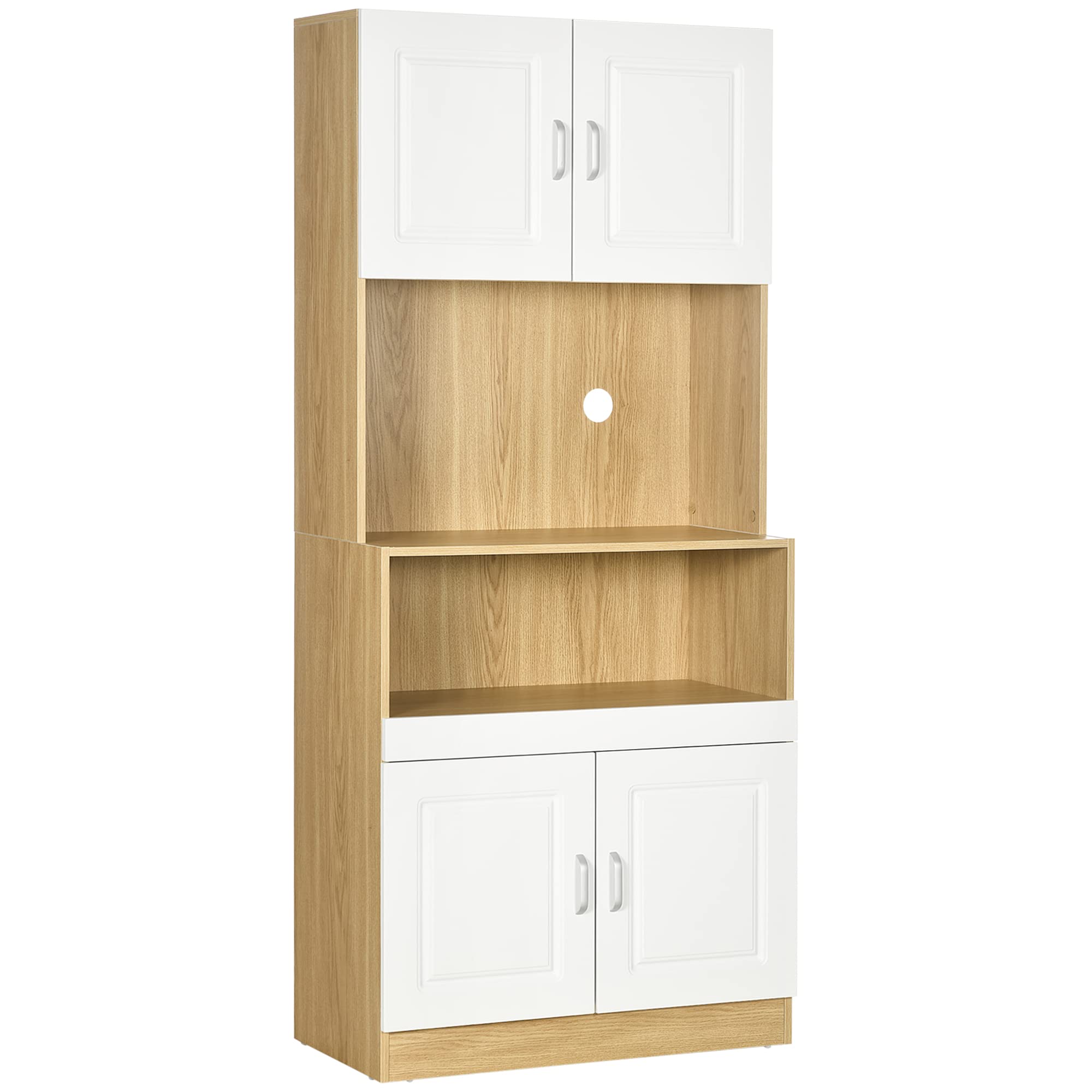 HOMCOM Mobile Dispensa Alto in Truciolato Bianco e color Legno a 4 Ante con Armadietti e Ripiano Aperto, per Cucina e Soggiorno, 80x40x180 cm