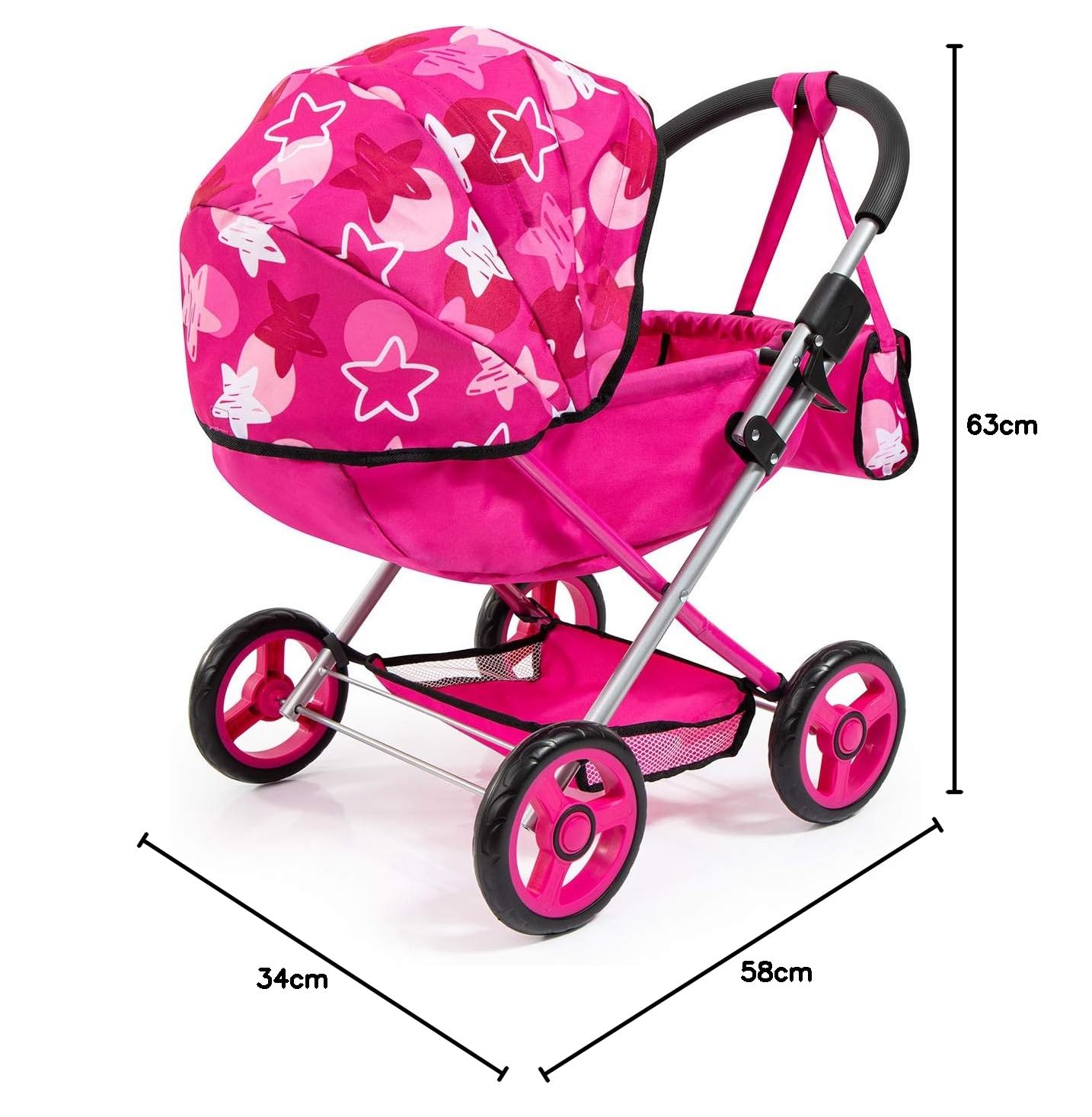 Bayer Design 12749AB Zestaw wózka dla lalek Cosy z łóżkiem dla lalki, torbą, poduszką i kołdrą, różowy, gwiazdkami
