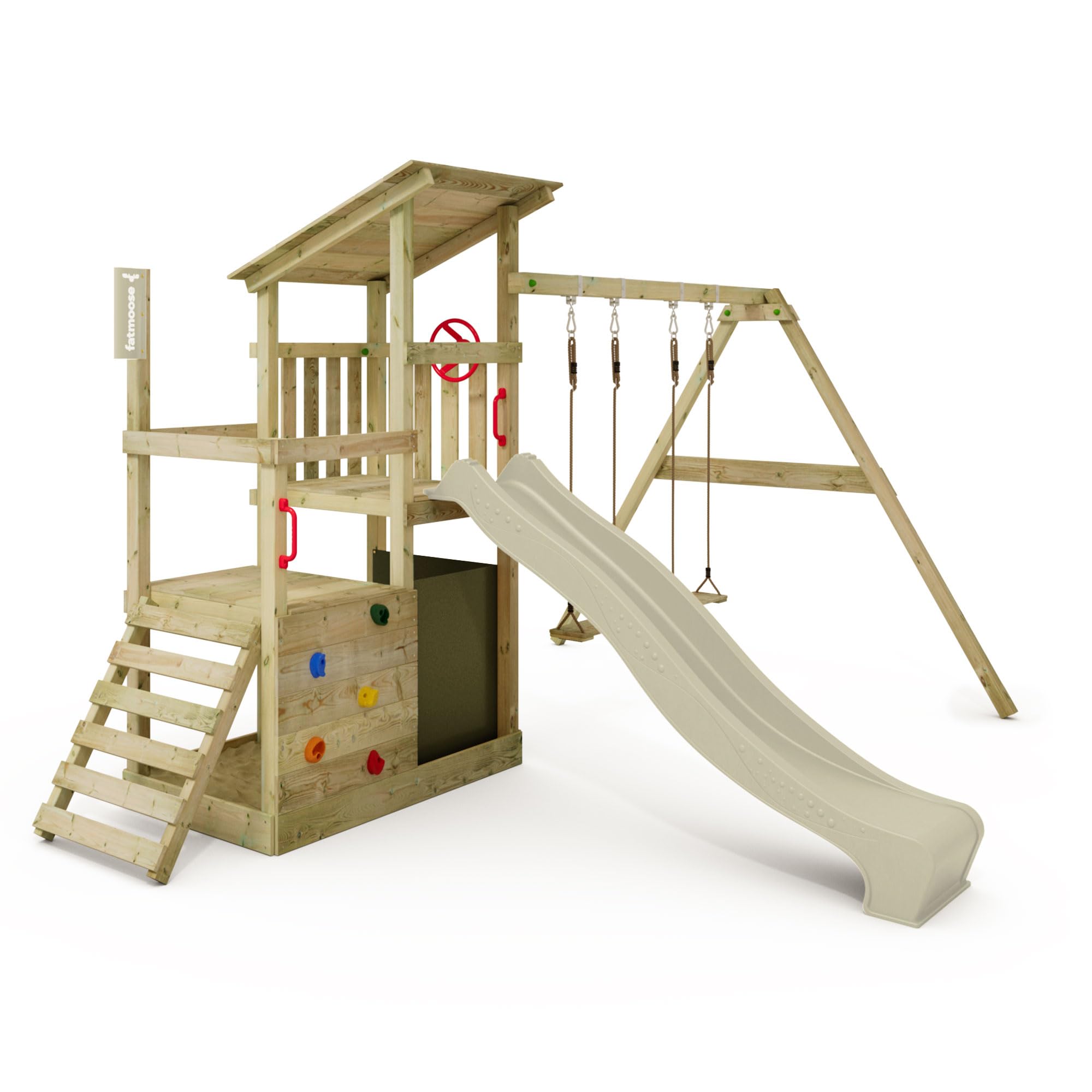 FruityForest Fun XXL Spielturm mit Schaukel, Rutsche und Sandkasten – salbeigrün, 90 cm/120 cm Podesthöhe