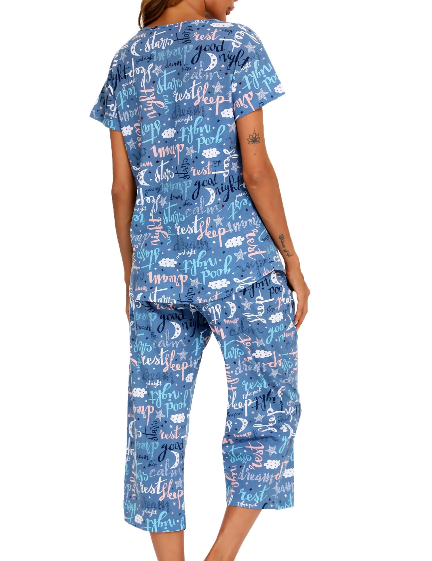ENJOYNIGHT Conjunto de pijama corto para mujer, ropa de descanso de algodón, lindo estampado, ropa de dormir con pantalones capri