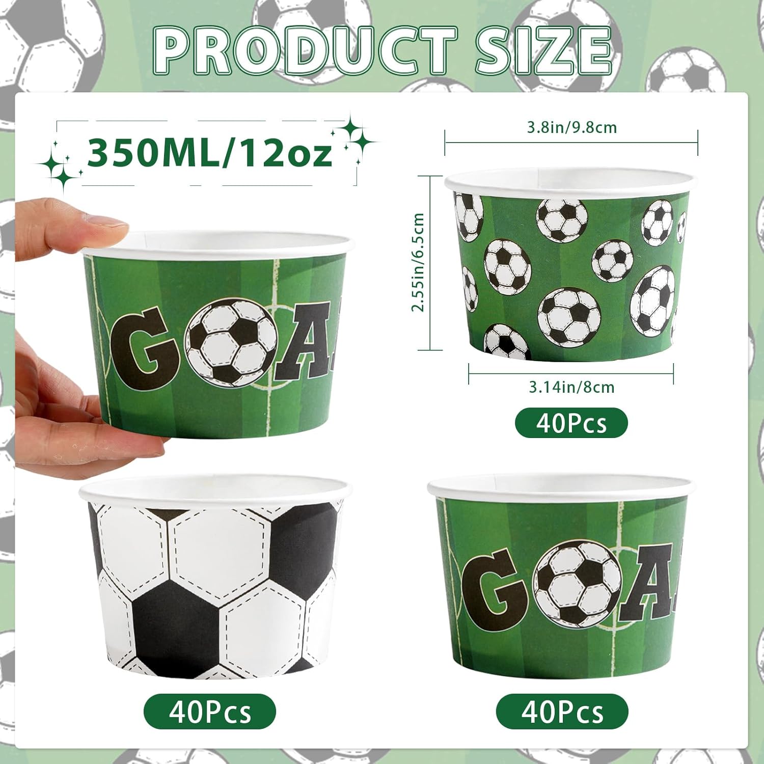 120Pcs Soccer Ice Cream Cups Bowls 12 oz Disposable Soccer Paper Dessert Snack Bowls Sports Themed Food Yogurt Containers for Sports Birthday Party Decorations Supplies