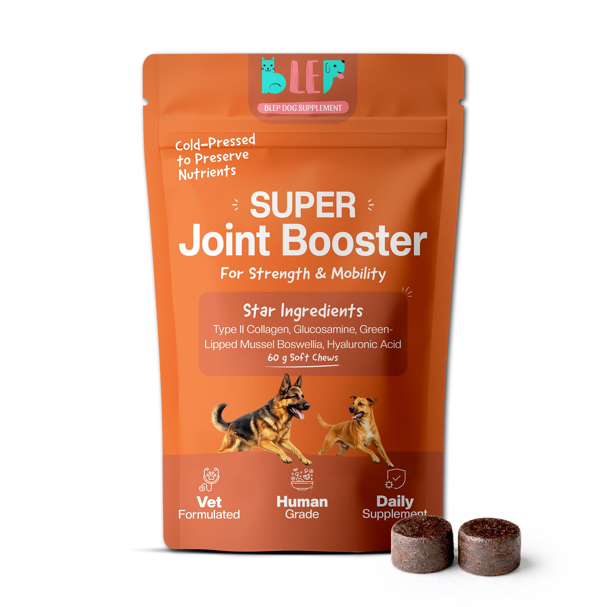 BLEP Super Joint Booster - Dog Hip & Joint Soft Chews Supplement, Mobility, Stiffness, Joint Pain & Weak Legs | Glucosamine, Chondroitin & Green-Lipped Mussel | Collagen, MSM & Curcumin | 60 g