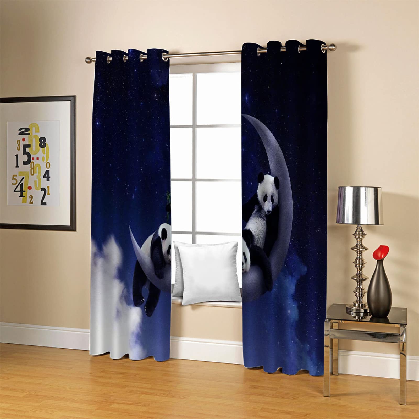 BOVZOX 3D Occultants Rideaux Lune et Panda 2 Pièces x 117 L x 138cm H Oeillets Chambre Isolant Thermique Rideau Grande Largeur Rideau Salon Decoration en Chambre pour Enfant Garcon