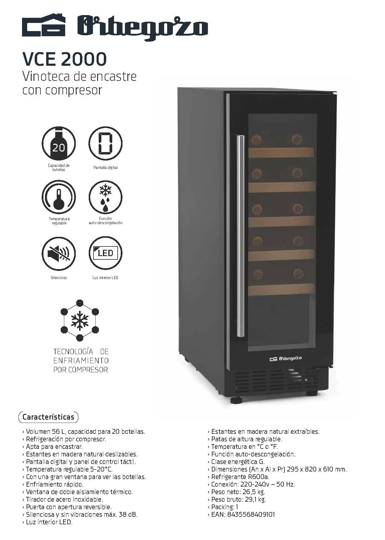 Orbegozo Vinoteca para vinos VCE 2000, 20 botellas, 56 litros, refrigeración por compresor, negro, apta para encastrar.