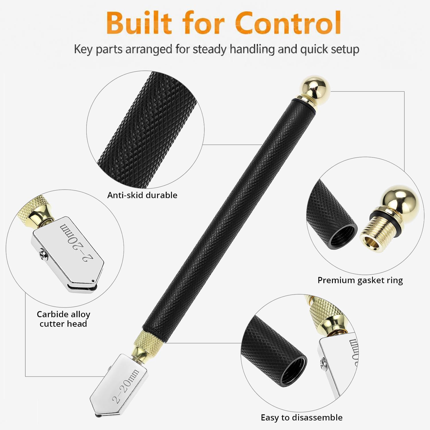 QWORK Glass Cutter 2-20mm Tool – Automatic Oil Feed & Ergonomic Anti-Slip Handle with Carbide Tips for Mirror, Tile, Stained Glass & Mosaic – Cutting Hand Tool for DIY Crafts