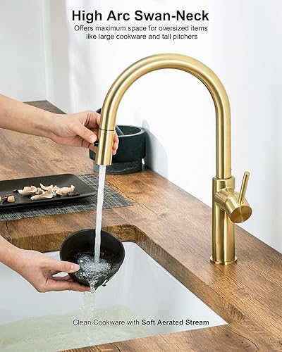 Miniatura 7 de Darnok 79723LG Mia - Grifo de cocina dorado claro cepillado con rociador extraíble, grifo de fregadero de cocina de arco alto de 15.6 pulgadas,