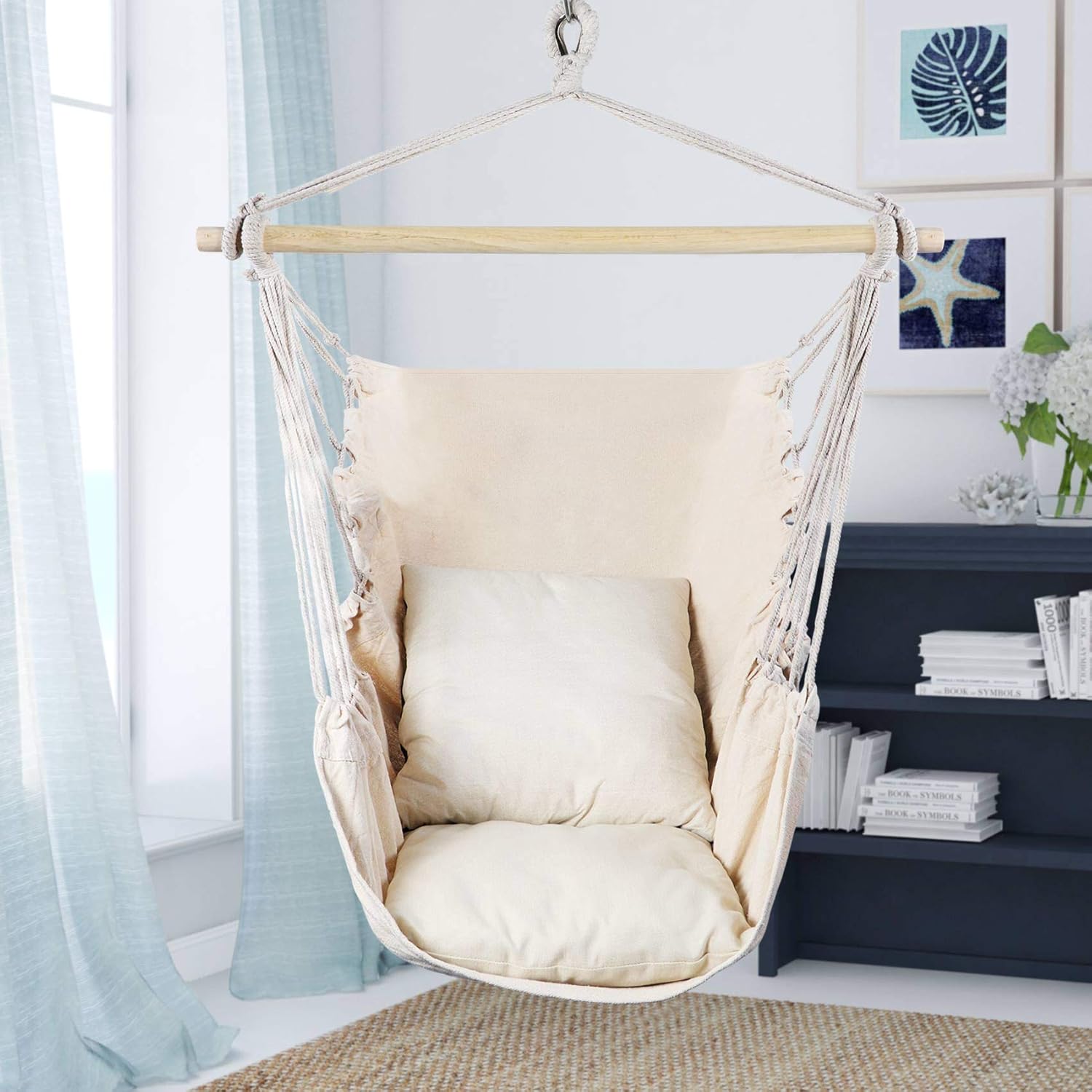 Hammock Garden Sports Dormitory Bedroom Hanging Chair Macrame Hanging Swing Seat with Weight Capacity 350 Lbs Indoor Outdoor Hanging Rope Swing Seat Chair with Free Pillow & a Gift