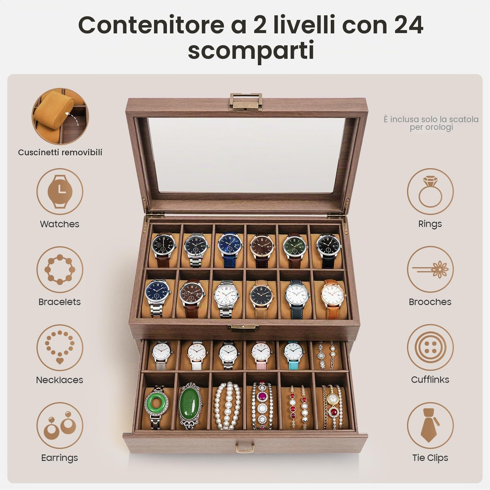 Porta Orologi 24 Scomparti Scatto 2 Piani Scatola Orologi Portaorologi per Riporre Orologi, Gioielli Altri Oggetti Valore, puoi Metterlo Nel Tuo Armadio, Nella Tua Toletta