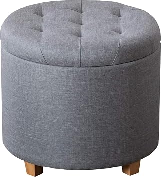 A406 Round Ottoman Linen Storage Box with Lids Pouffe Seat Stool Footstool Storage Unit Bench Foot Rest Stool Grey Black Navy Round-Grey