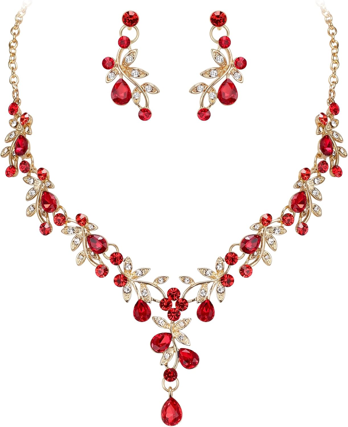 BriLove Wedding Jewelry Set for Women Bride, Y-Necklace Dangle Earrings Crystal Teardrop Leaf Flower Cluster Bridal Bridesmaid