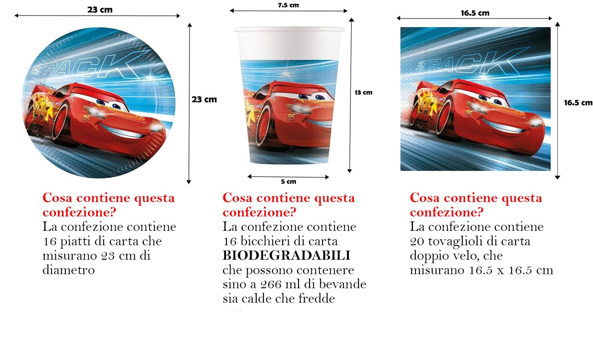 Kit festa di compleanno Cars Victory is Mine per 16 persone eco-friendly (16 piatti di carta ⌀ 23 cm, 16 bicchieri di carta 200 ml, 20 tovaglioli di carta 33x33 cm)