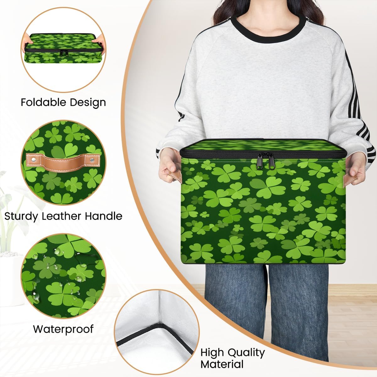 Storage Bin Set of 2 Clover Storage Basket with Zipper Lid & Handle Foldable Closet Shelf 2 Pack Cloth Organizer Basket Cube Bins Clothes Organizer for Bedroom, Nursery