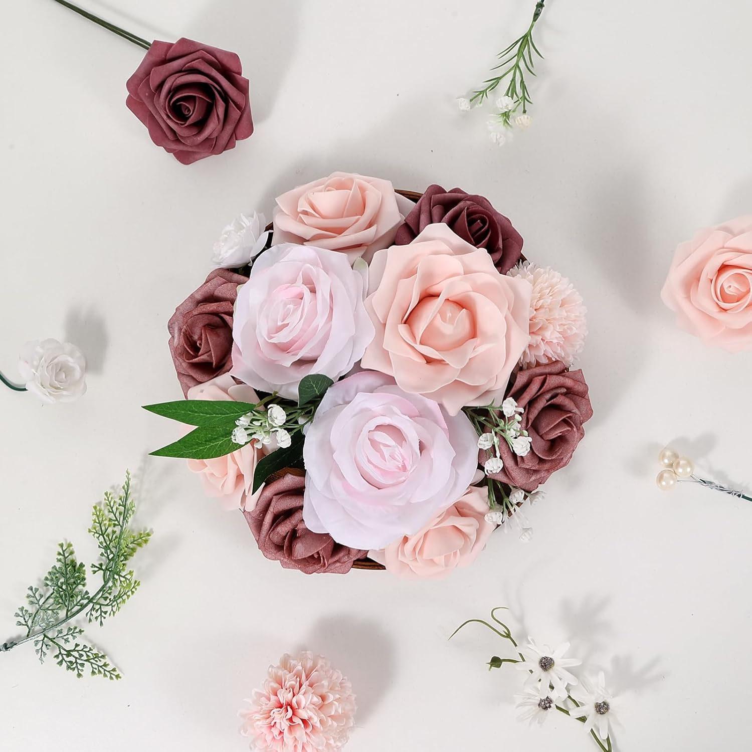 Artificial Flowers Combo Dusty Pink White Roses with Stems Leafs Bouquets Bridal Wedding Shower Decorations Fake Floral for Party Table Centerpieces