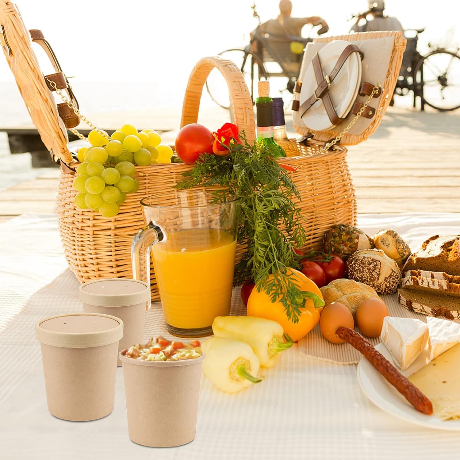 50 Pièces 16 OZ Tasses à Soupe Jetables avec Couvercle, Gobelets à Soupe à Emporter, Tasses à Soupe Carton, Gobelets en Papier à Glace, pour Micro-Ondes et Aliments Surgelés (Couvercle Brun)
