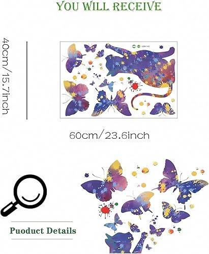 Miniatura 5 de Calcomanías de pared con diseño de gato y mariposa de cielo estrellado de fantasía, calcomanías de pared de animales de dibujos animados de sacinora
