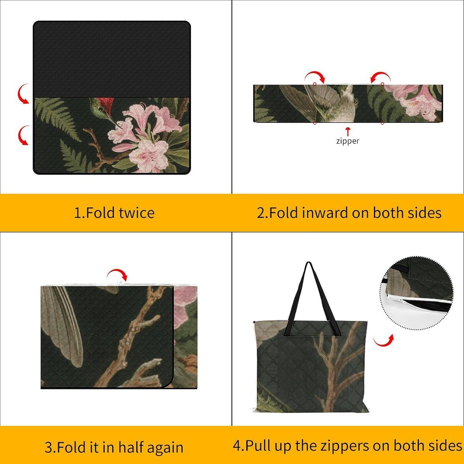Spring Hummingbirds Picnic Blanket 200x200cm, Foldable 2-in-1 Picnic Mat and Tote Bag Portable Waterproof Beach Mat Sandproof Outdoor Blanket for Park, Hiking, Beach, Camping, Travel