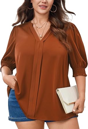 SCOMCHIC Plus Size Blouses for Women Dressy Casual Summer V Neck Short Sleeve Business Work Tunic Tops Loose Shirts