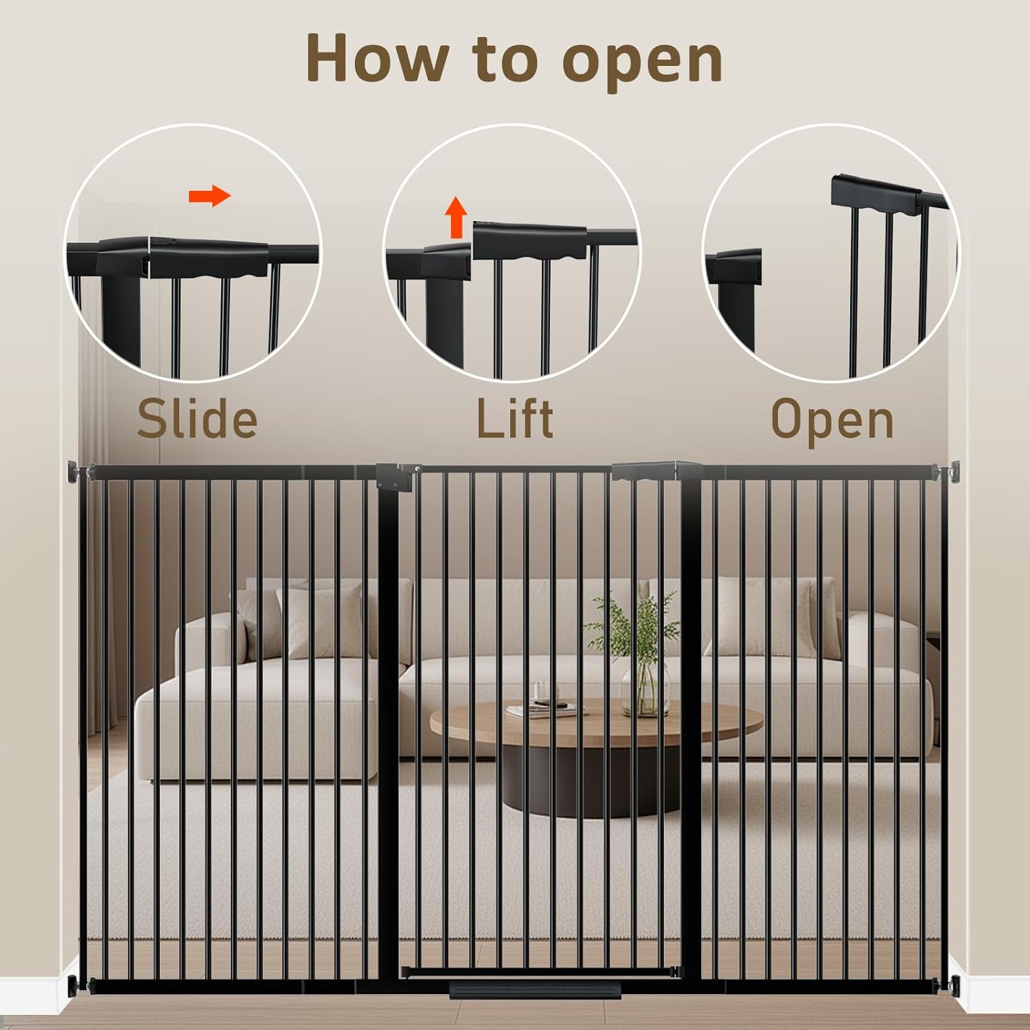 WAOWAO 40.55" Extra Tall 1.37" Ultra Narrow Spacing 45.87-53.74" Extra Wide Dogs Pets Baby Gate Safety Indoor Puppy Pressure Mounted Gate No Drill Black Metal for Stairs,Doorways,Kitchen,Hallway